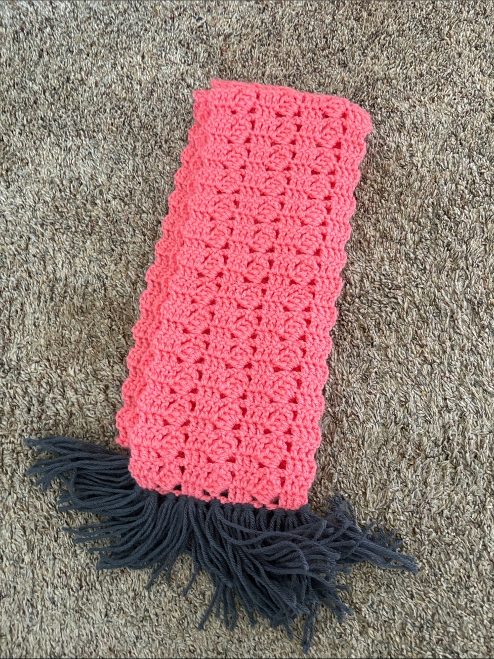 Hand Crafted Coral Pink Crochet Scarf with Charcoal Fringe
